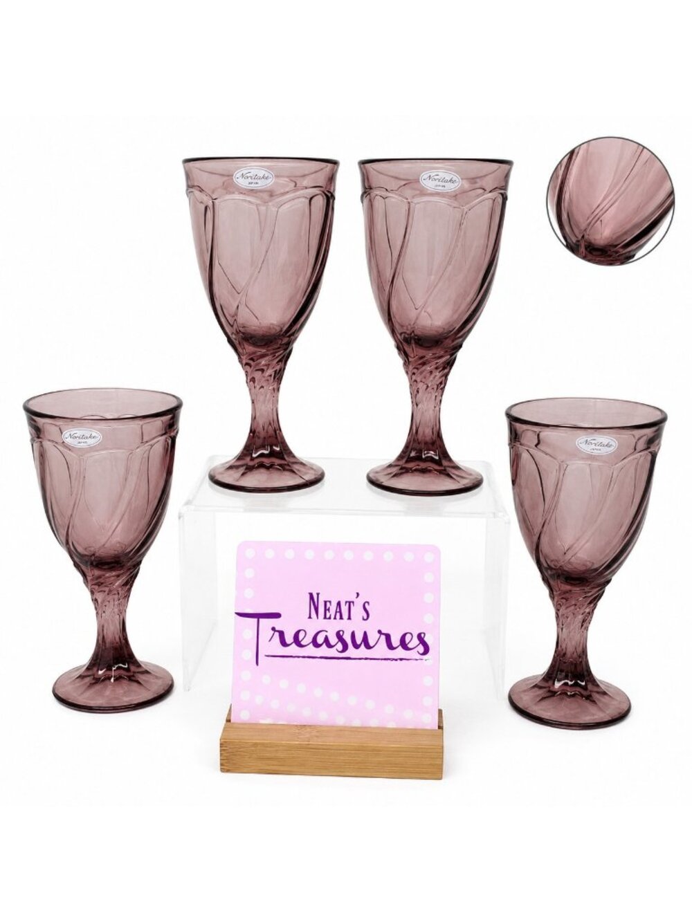 Noritake SWEET SWIRL CRANBERRY Pressed Glass 6 3/4"T 8oz Wine Glasses Set 4 NEW